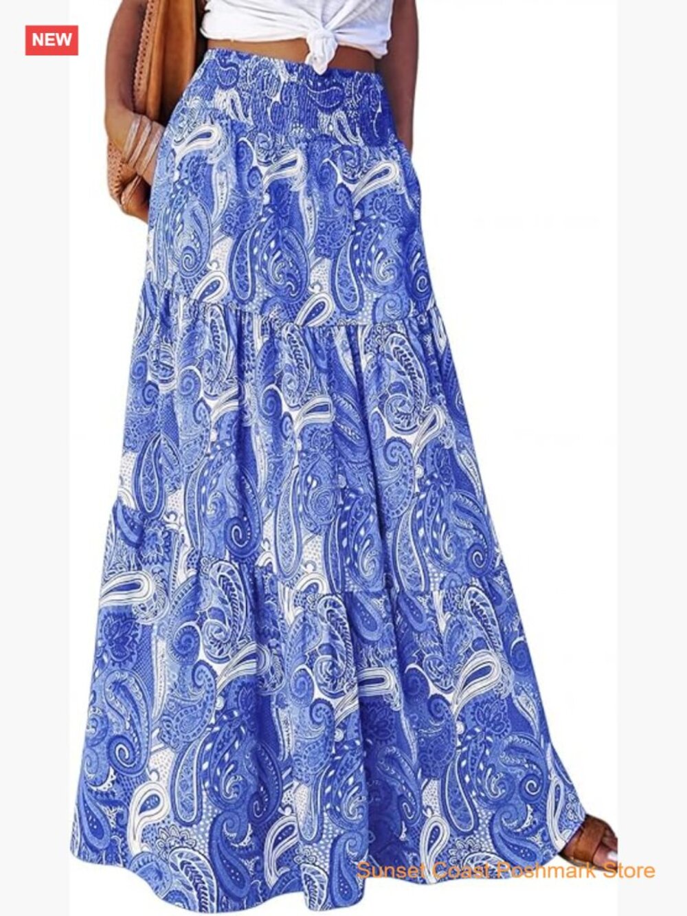 Smocked High Waist Maxi Skirt with Pockets Flowy Beach Vacation Boho